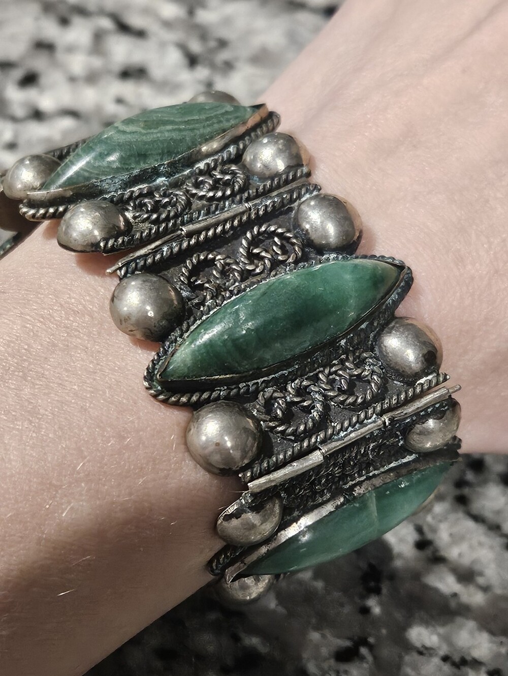 Vintage Ornate Mexico Sterling Silver & Green Onyx Panel Link Bracelet